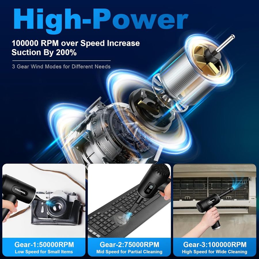 FRESMOL cordless air duster black 3-speed 100000 RPM motor