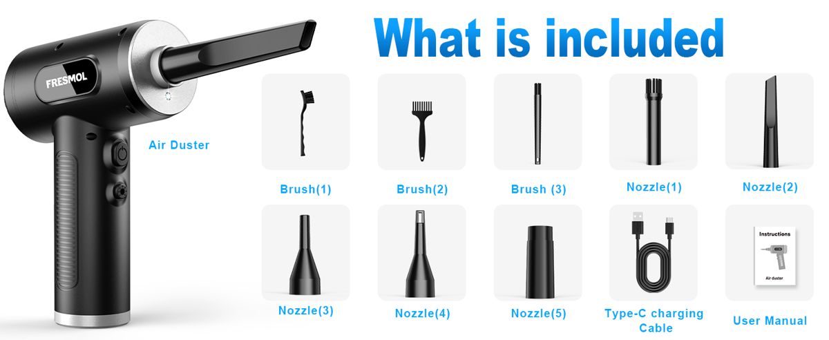 FRESMOL cordless air duster kit contents: brushes, nozzles, Type-C cable, manual